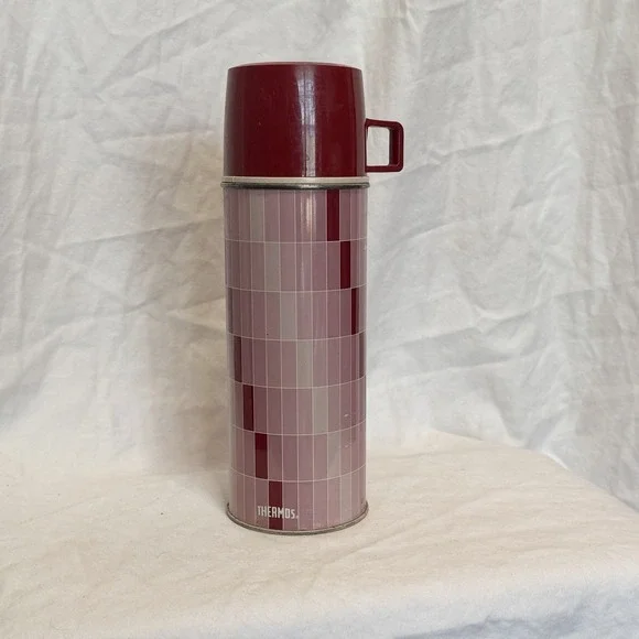 Vintage Metal 1970's Thermos Pink Metal glass w Cup Stopper 722 check plaid - Picture 1 of 9